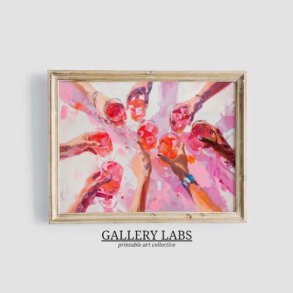 Friends Toasting Pink Cocktails Overhead Party Cheers Painting Wall Poster