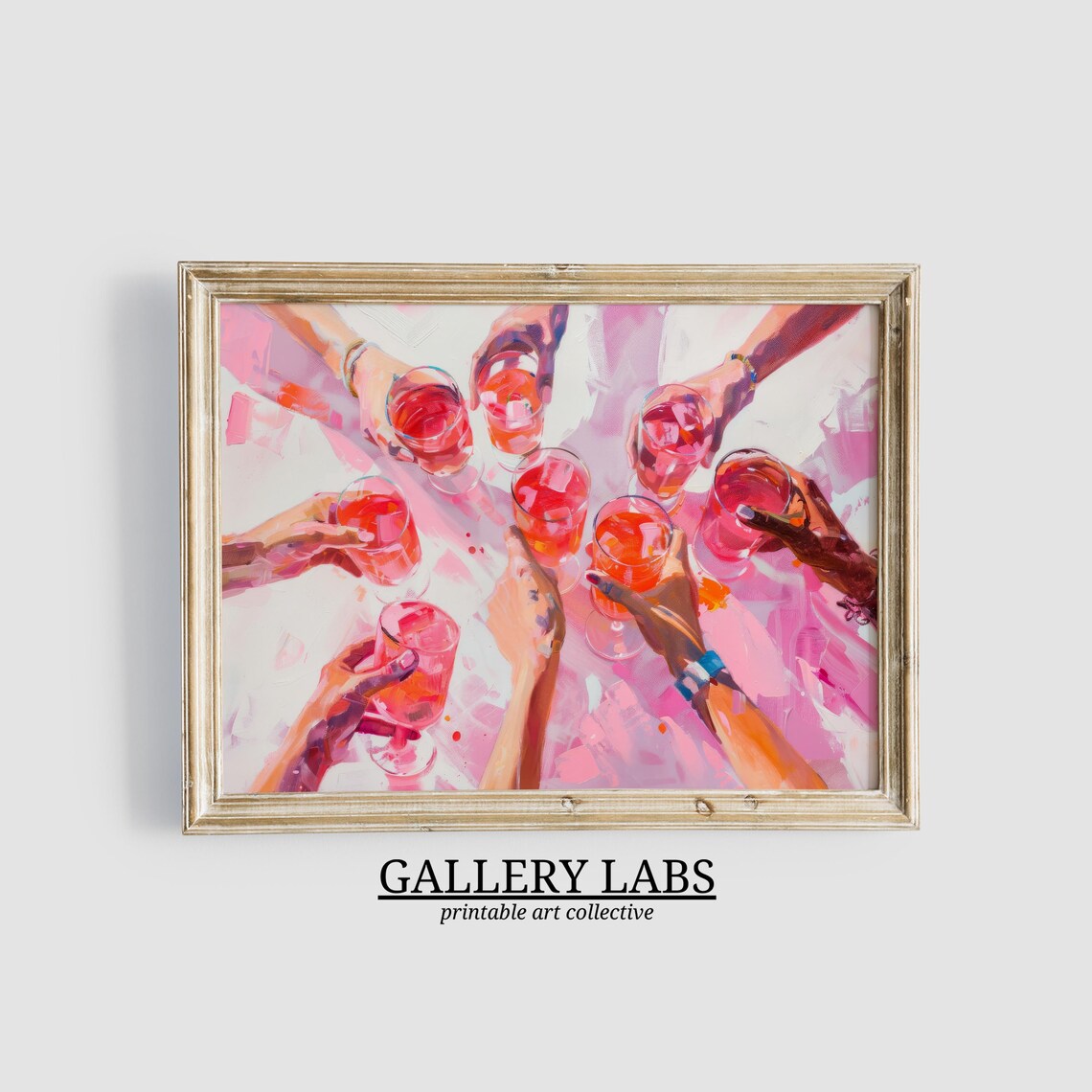 Friends Toasting Pink Cocktails Overhead Party Cheers Painting Wall Poster