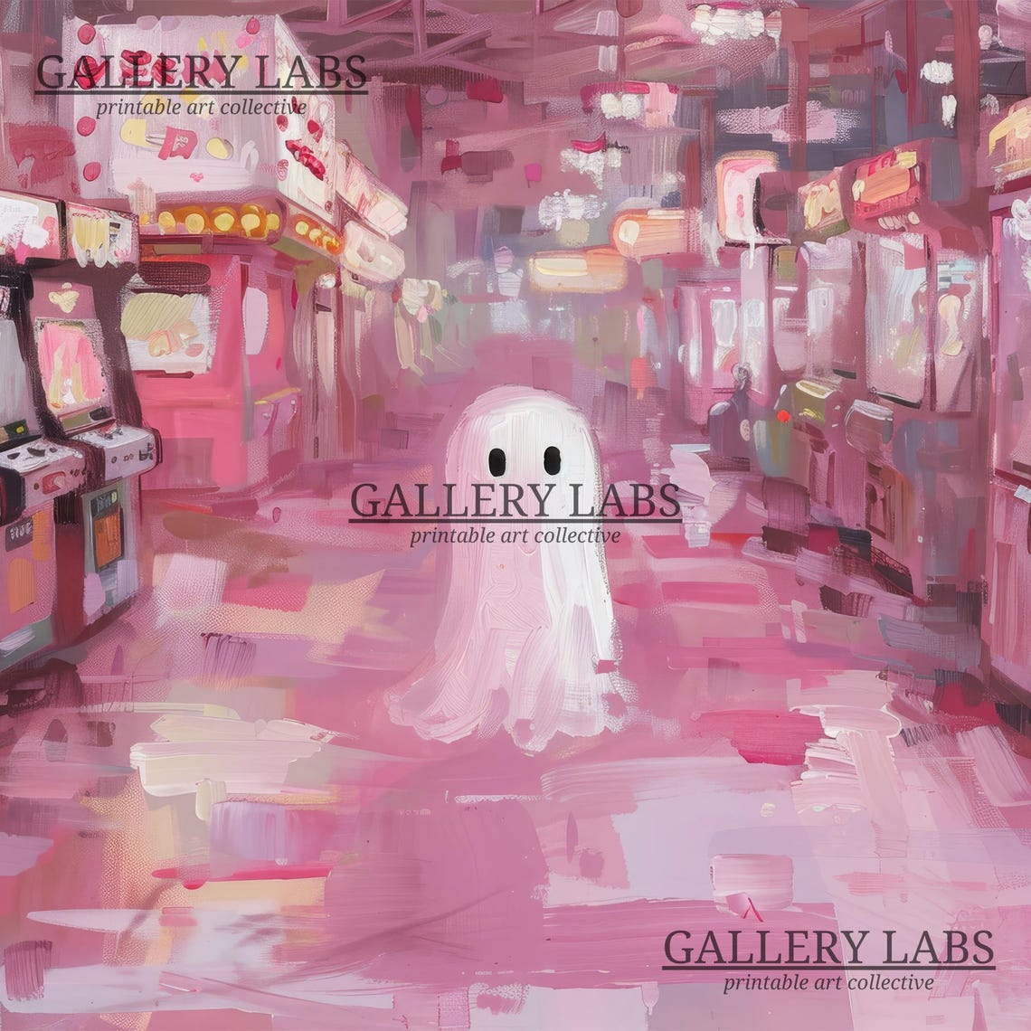 Cute Ghost In Pink Arcade Room Retro Gaming Spooky Painting Poster - Image 4