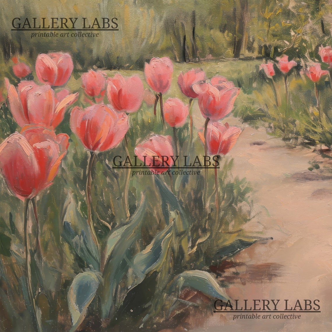 Pink Tulip Garden Path Painting Blooming Spring Walk Art Print - Image 4