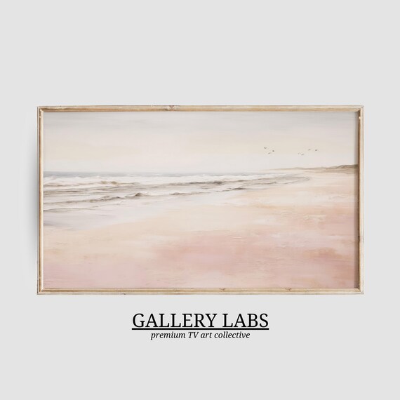 Minimalist Soft Pink Beach Gentle Waves Seabirds Neutral Wall Art