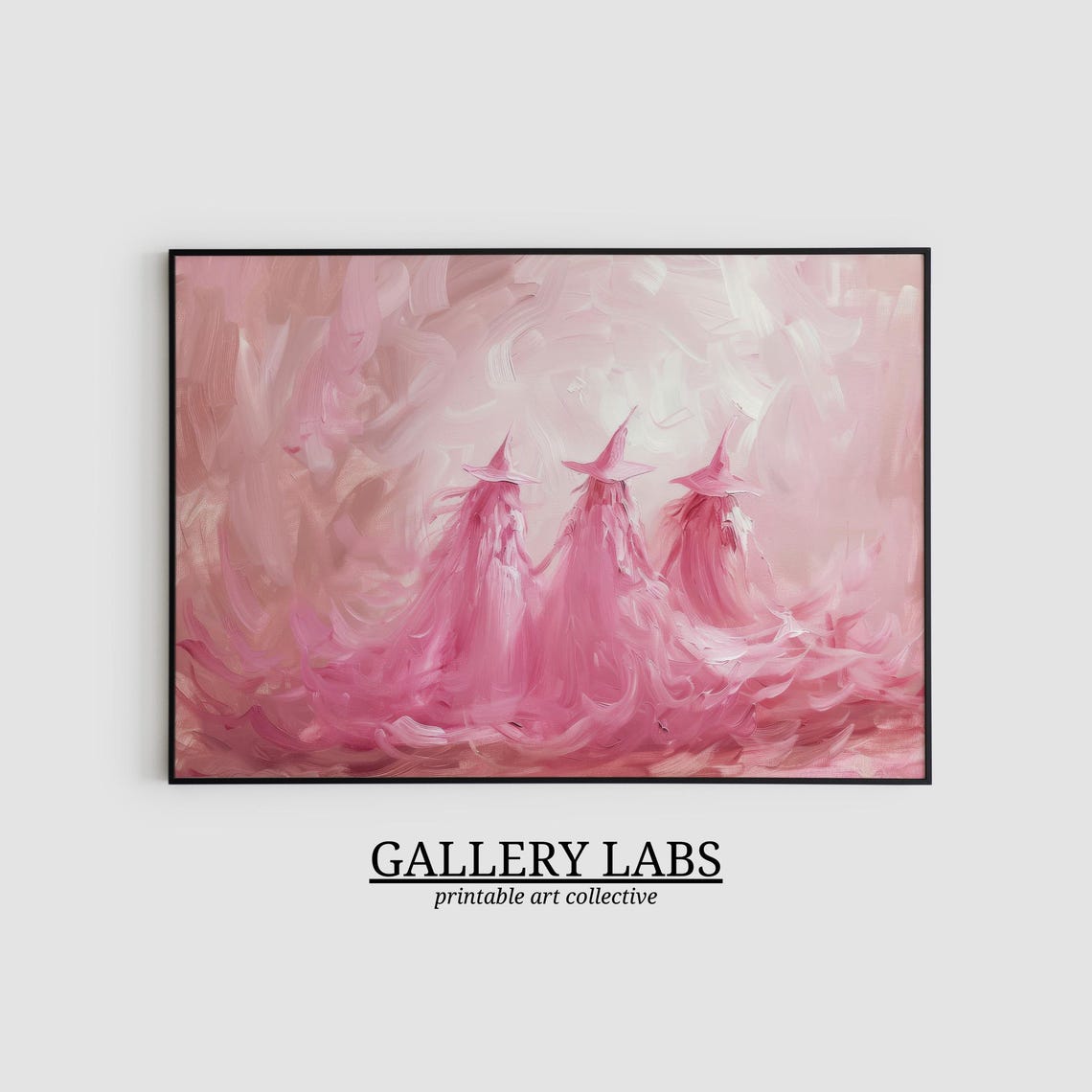Three Pink Witches In Hats Spooky Season Whimsical Painting Poster - Image 2