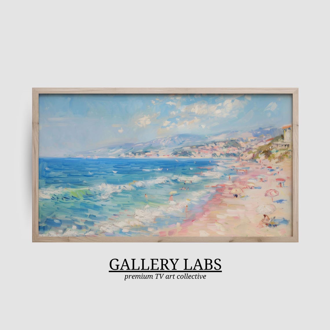 Turquoise Bay Beach Umbrellas Swimmers Mountain Coast Painting Poster - Image 2