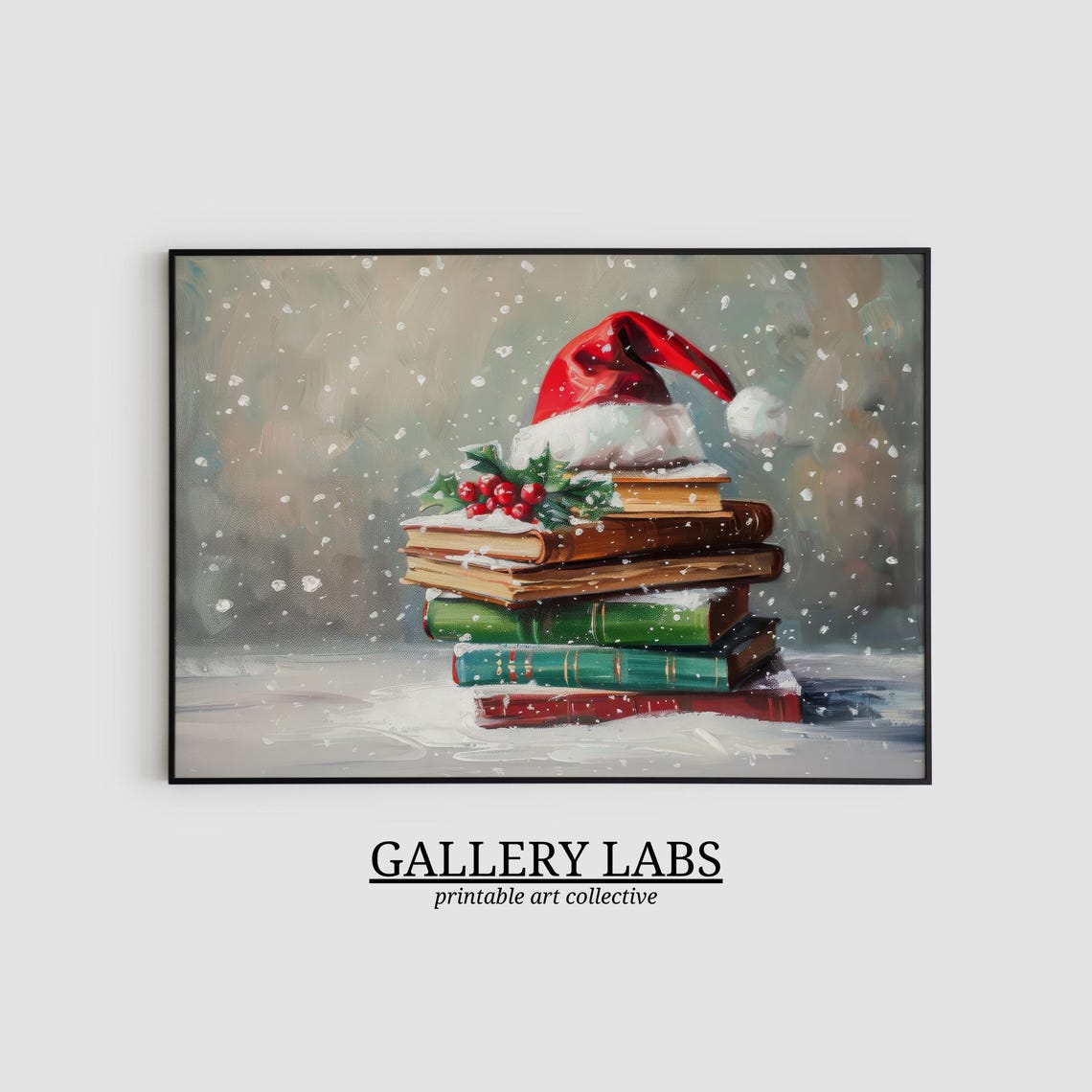 Stack Of Vintage Books Santa Hat Holly Berries Snowfall Art Poster - Image 2
