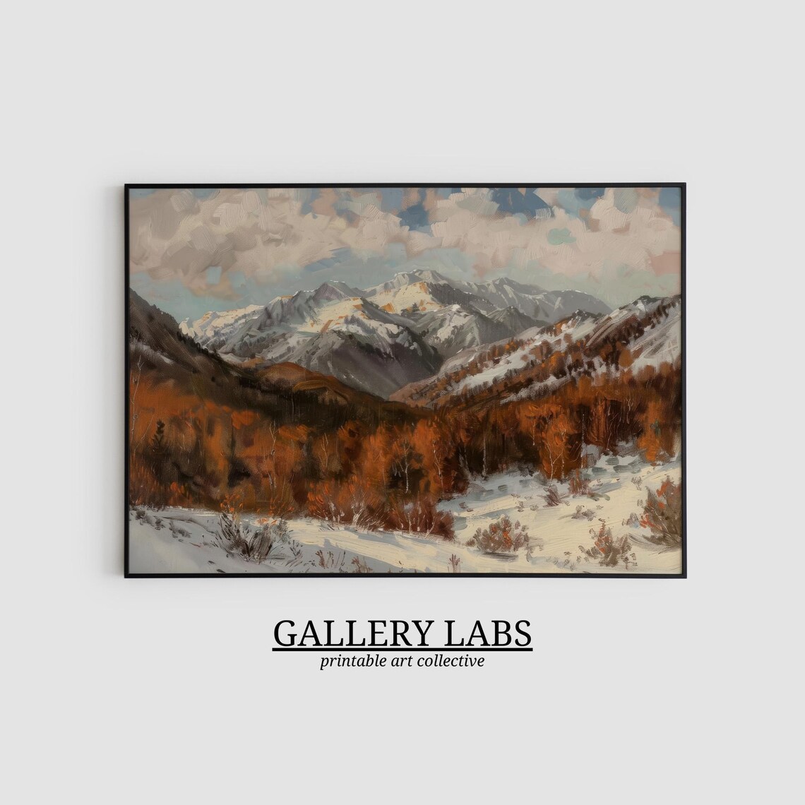 Snow Capped Mountain Range Above Golden Autumn Valley Oil Painting Wall Art Poster - Image 2