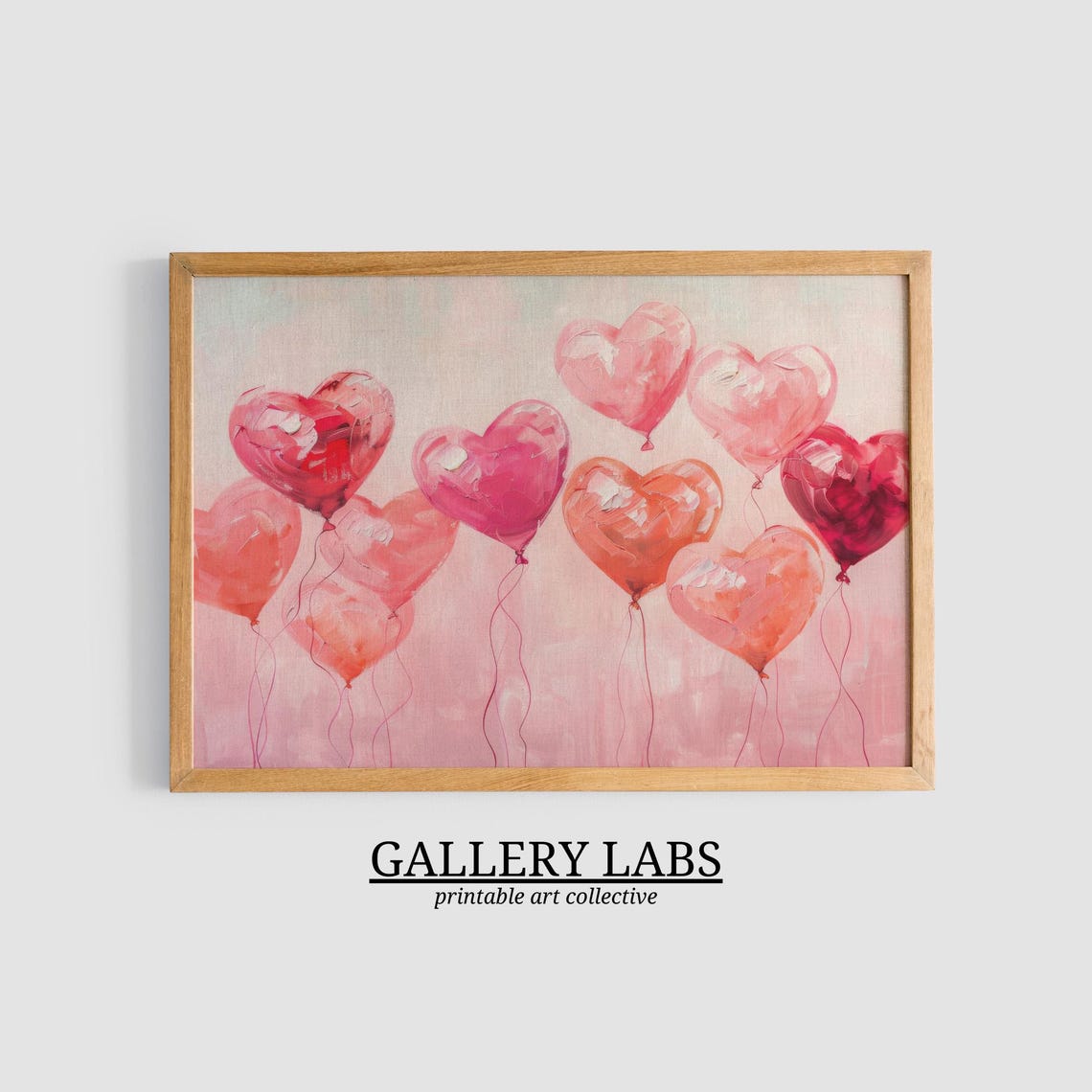 Pink Red Heart Balloons Floating Love Valentines Painting Wall Poster - Image 3