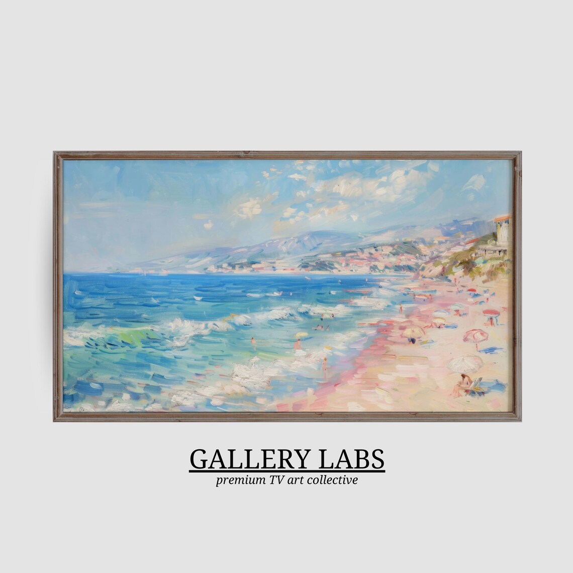 Turquoise Bay Beach Umbrellas Swimmers Mountain Coast Painting Poster - Image 3