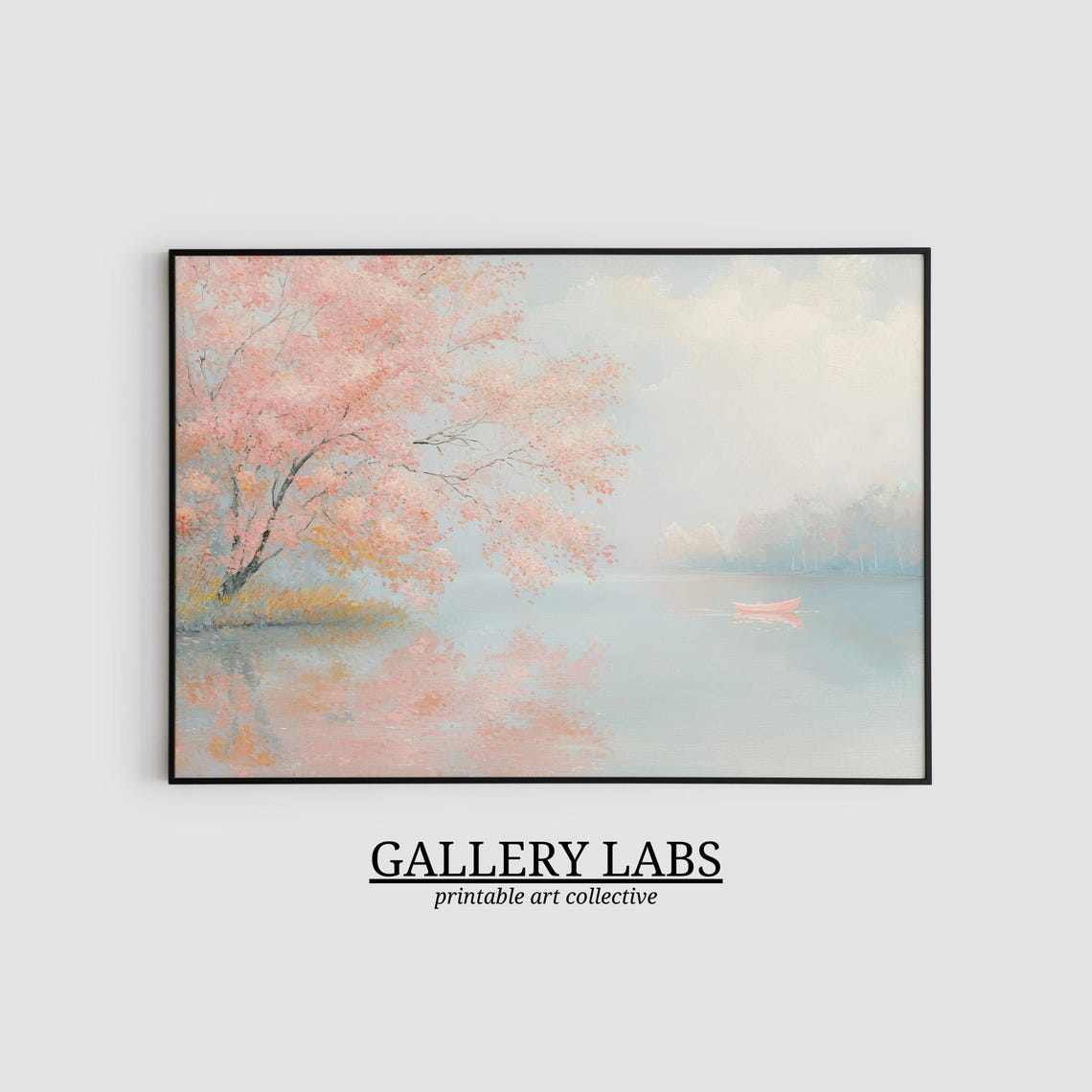 Pink Autumn Pond Blossom Trees Misty Lake Scene Wall Art Print - Image 2