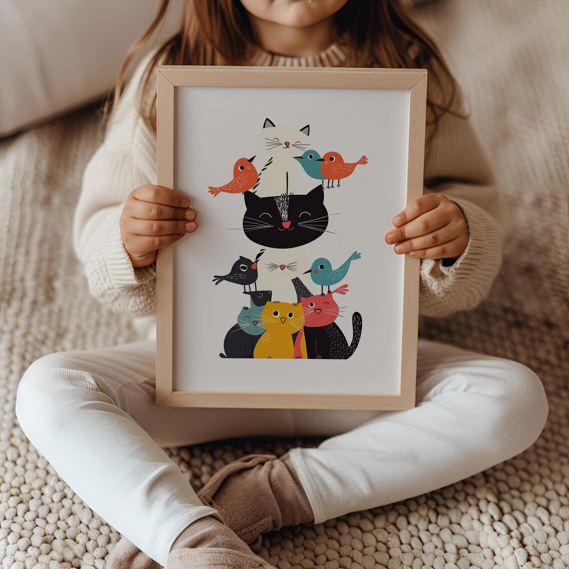 Colorful Cats And Birds Stack Cute Cartoon Animal Nursery Art Poster - Image 2