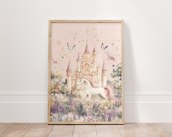 Pink Unicorn Castle Magical Princess Nursery Watercolor Art Poster