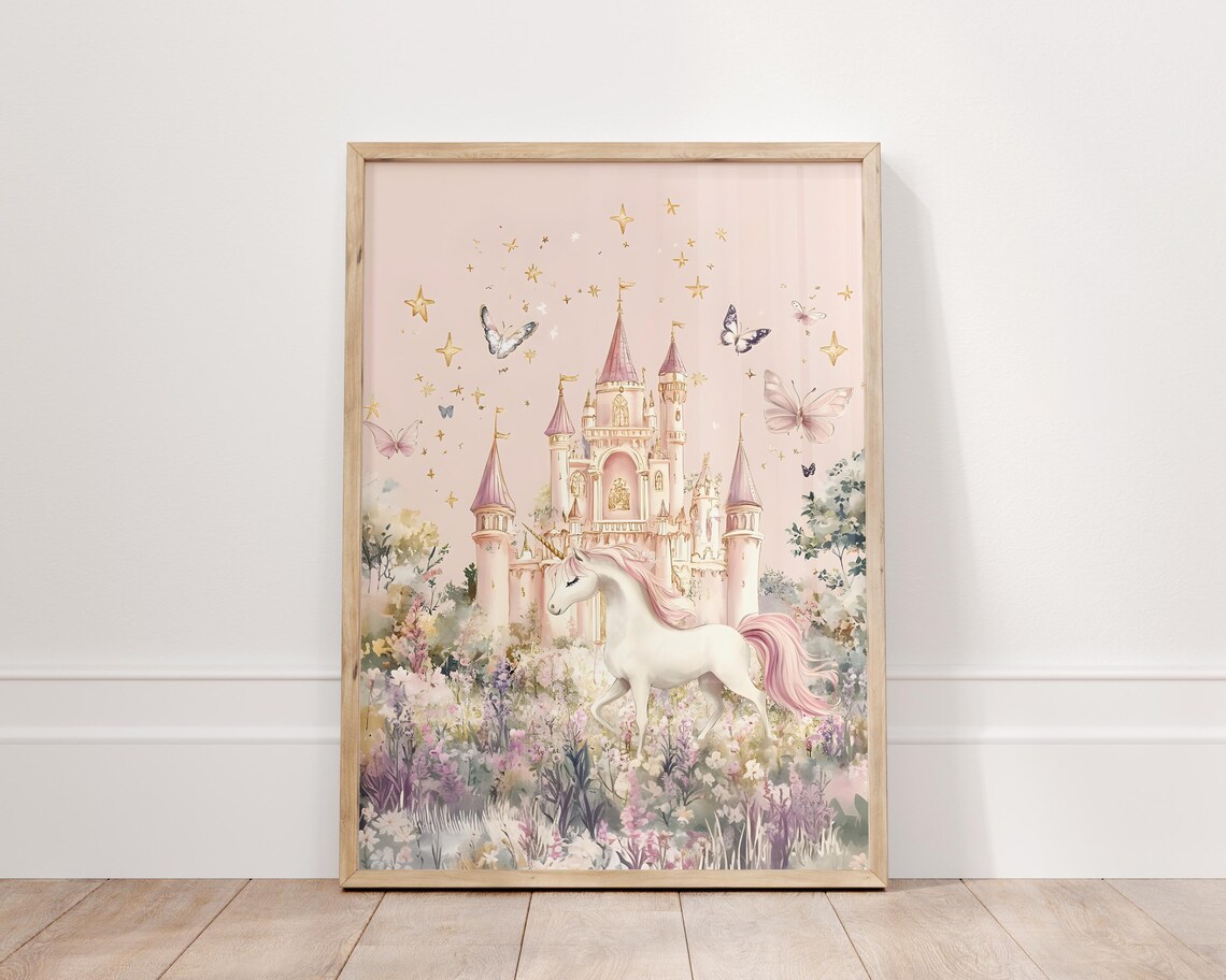 Pink Unicorn Castle Magical Princess Nursery Watercolor Art Poster