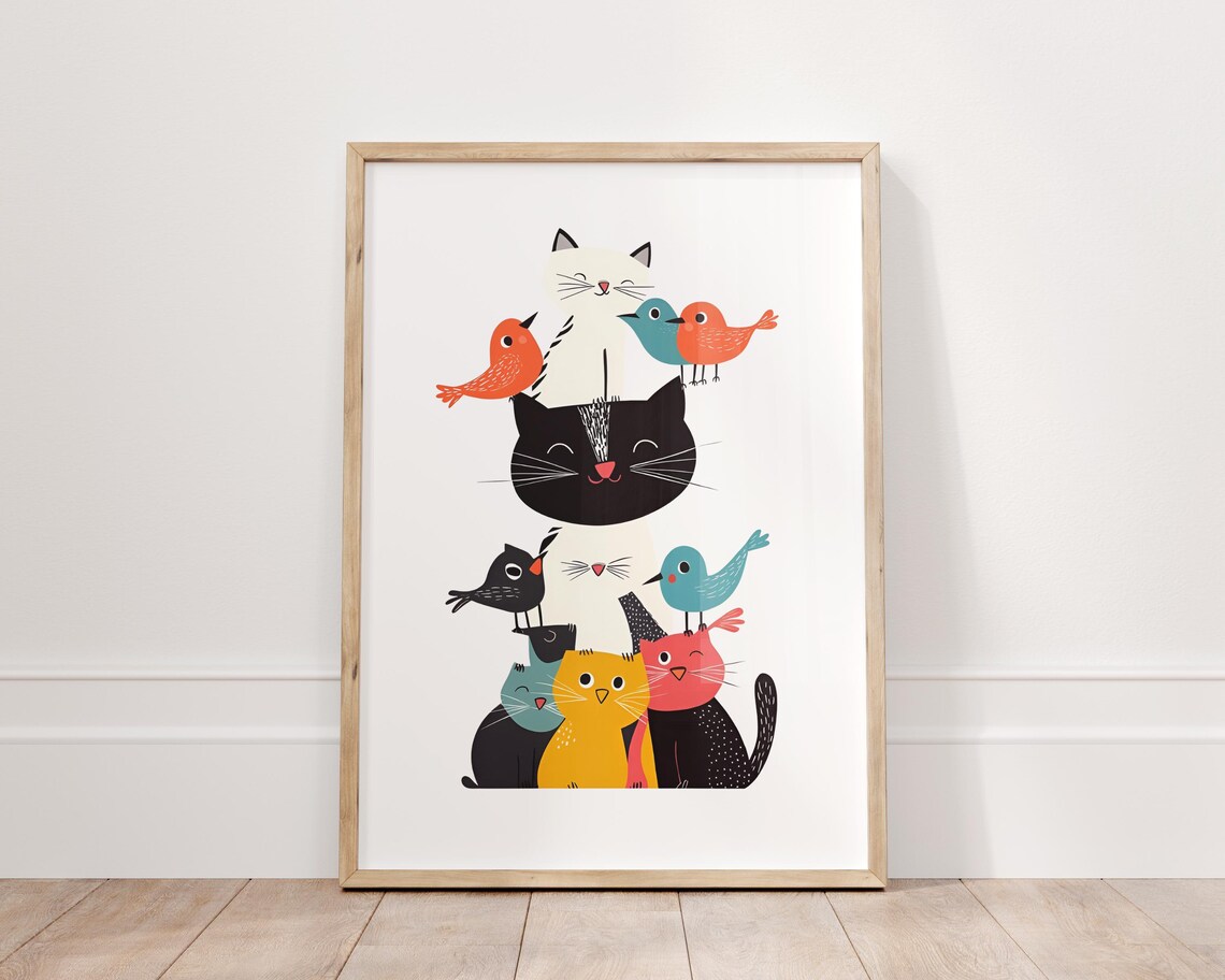 Colorful Cats And Birds Stack Cute Cartoon Animal Nursery Art Poster