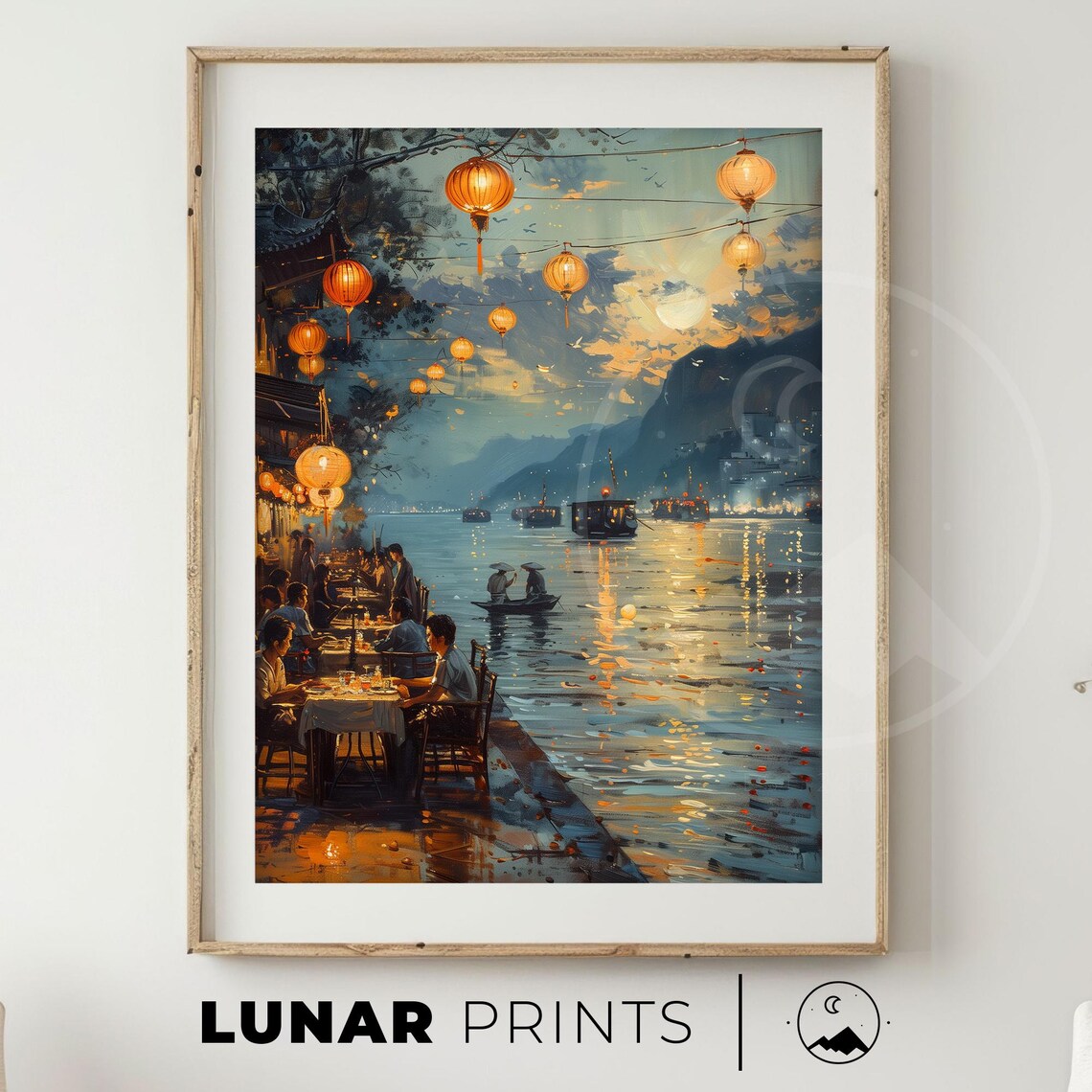 Night Market Lantern Art Print, Vintage Moonlit River