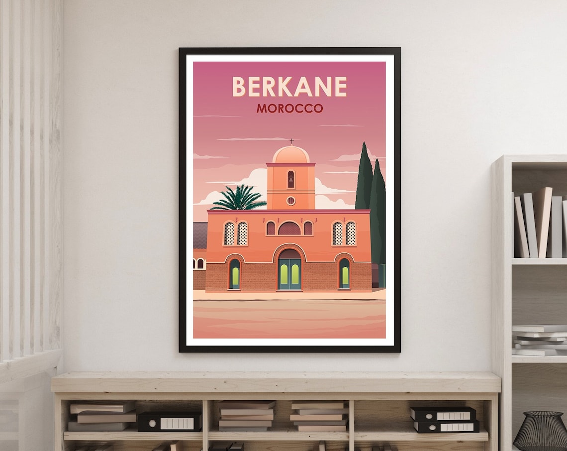 Berkane Morocco Vintage Travel Poster Pink Church Facade Art