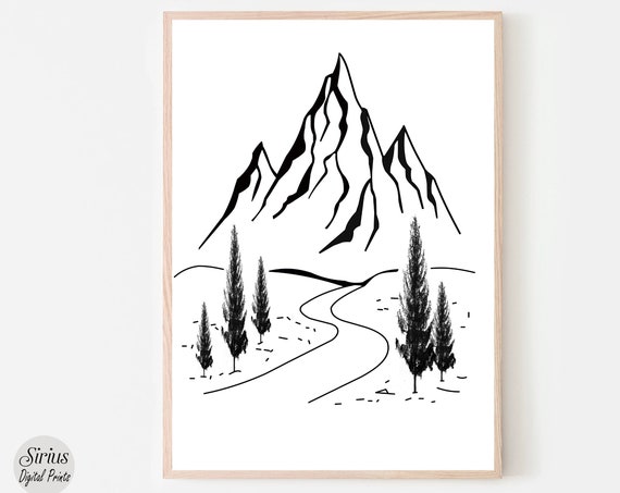 Minimalist Mountain Line Art Wall Landscape Drawing Poster Nature Home Decor Scenery Print