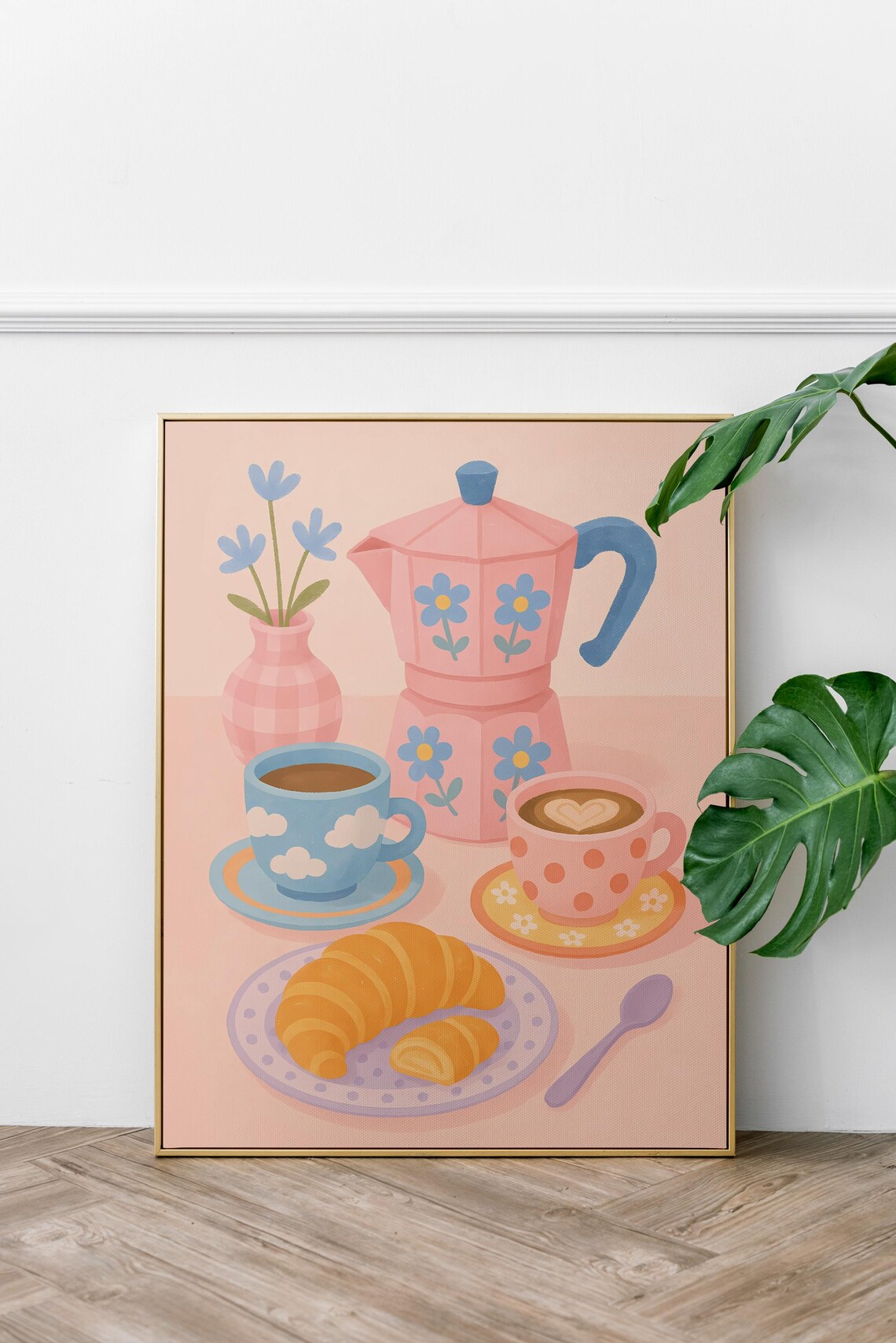 Cute Coffee And Croissant, Kawaii Kitchen Art - Image 2