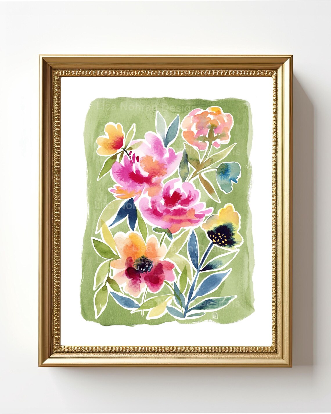 Green Floral Watercolor Bouquet Poster Pink Blossoms Botanical Artwork