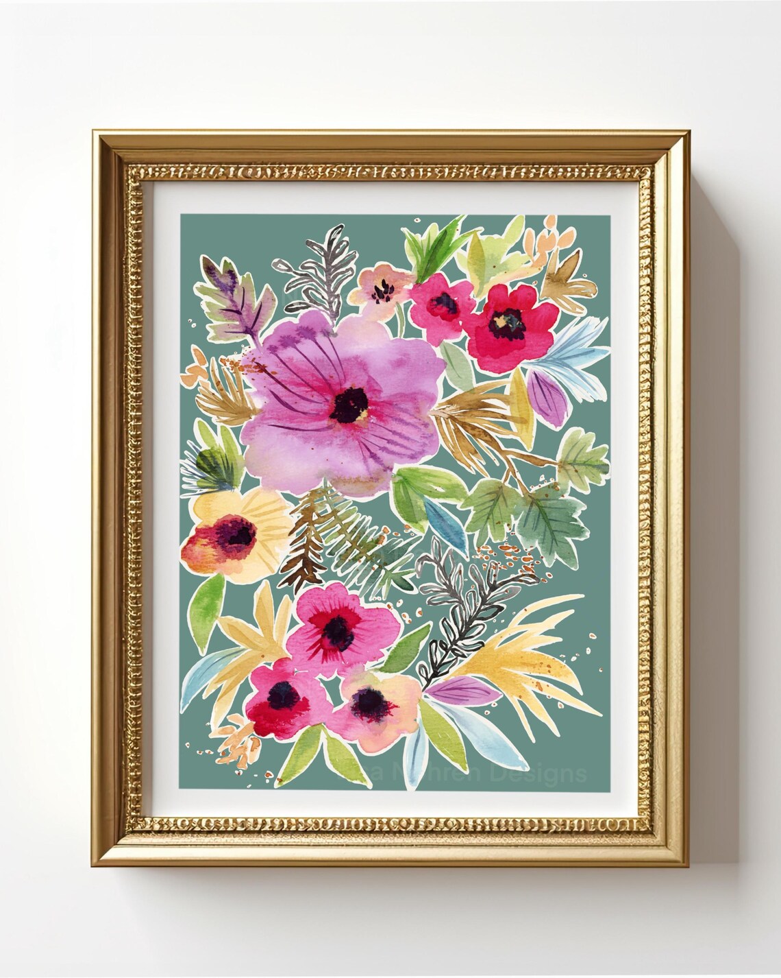 Abstract Teal Floral Watercolor Botanical Nursery