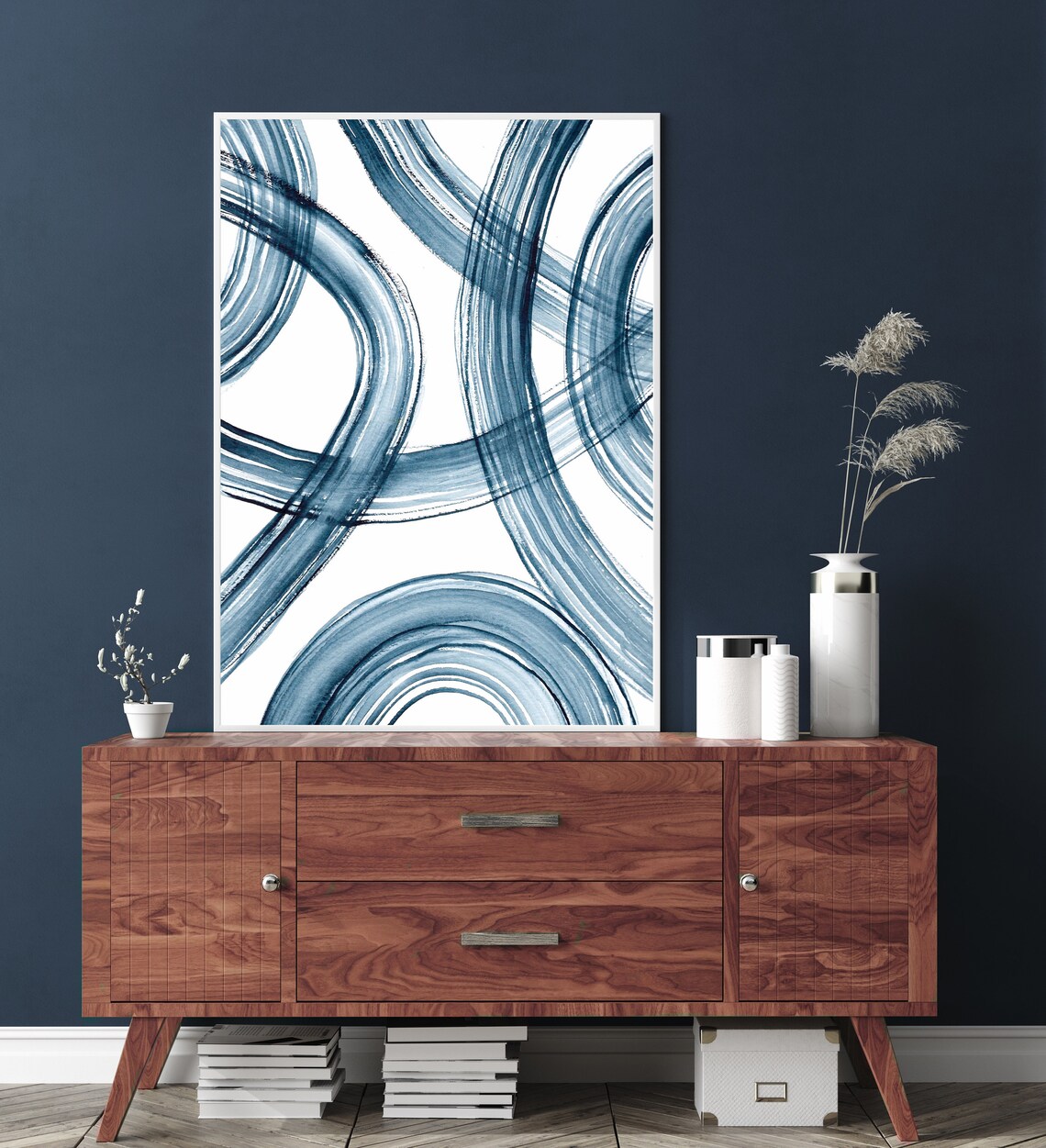 Navy Watercolor Abstract Geometric Art Print
