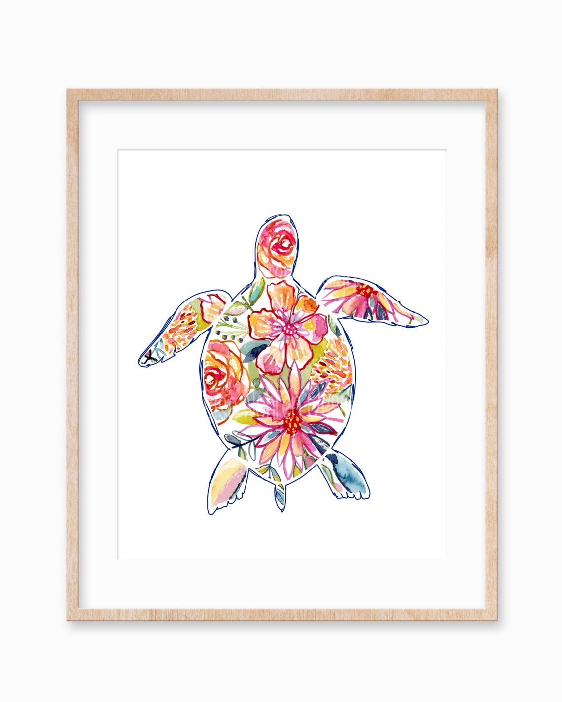 Turtle Watercolor Floral Coastal Sea Life Illustration