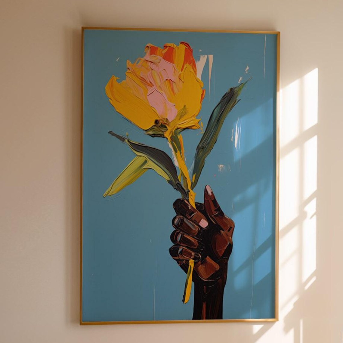 Yellow Flower in Hand Painterly Blue Background Floral Print