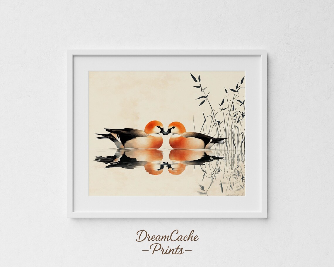 Pair Of Ruddy Shelducks Ink Wash Painting On Water Art Poster