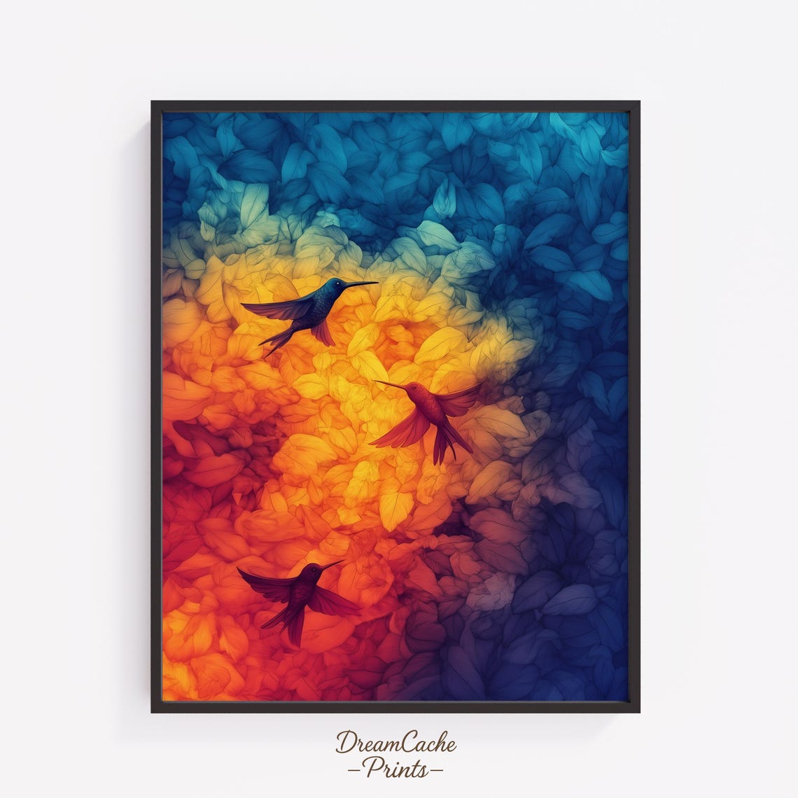 Three Hummingbirds Rainbow Swirl Gradient Psychedelic Bird Print