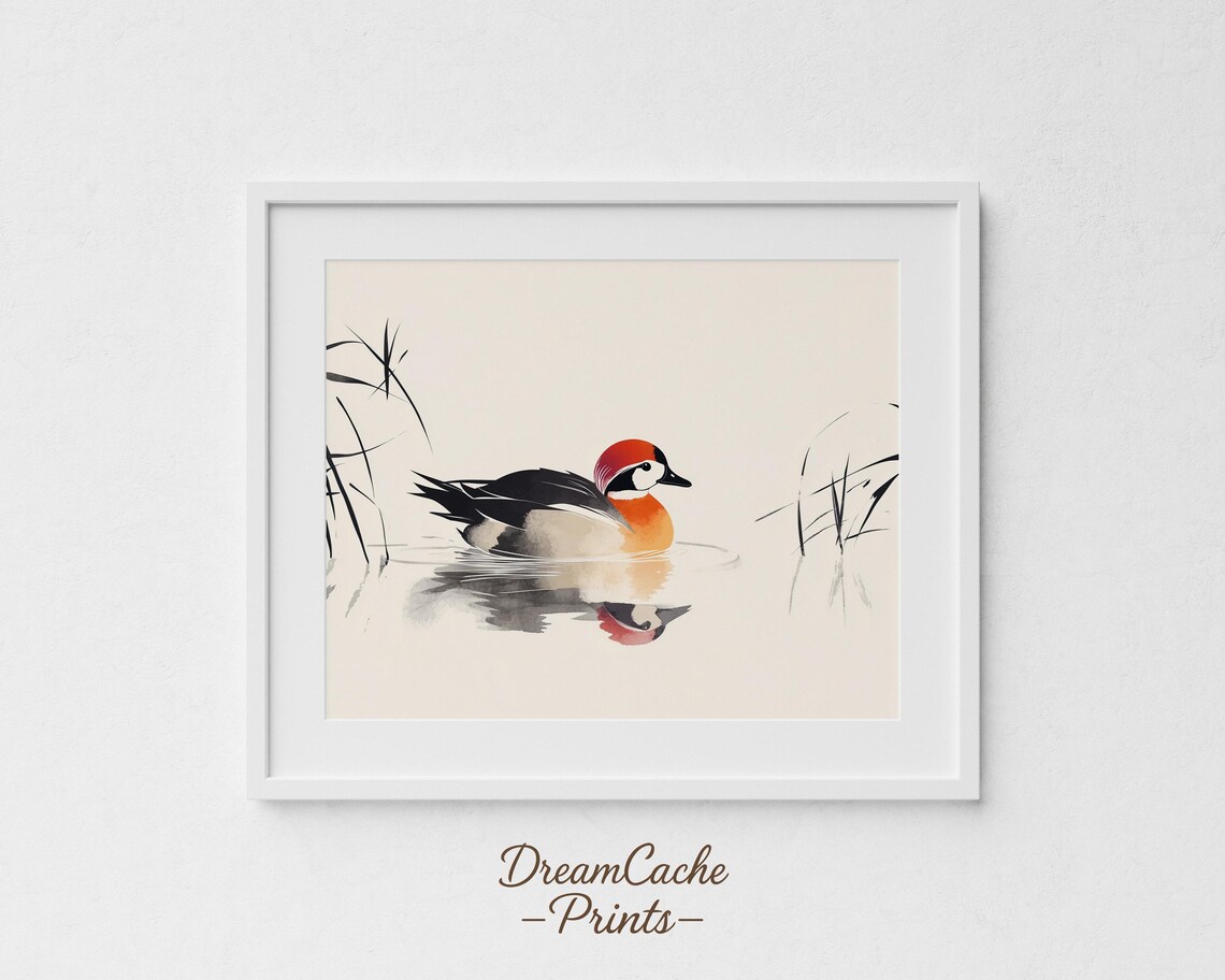 Colorful Drake Duck Ink Wash Minimalist Watercolor Bird Poster