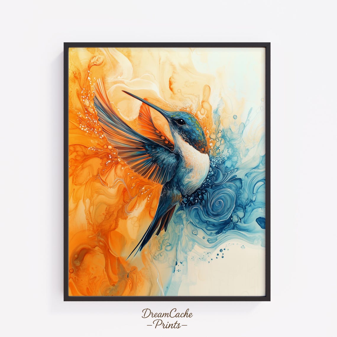 Hummingbird Wings Spread In Orange And Blue Watercolor Poster