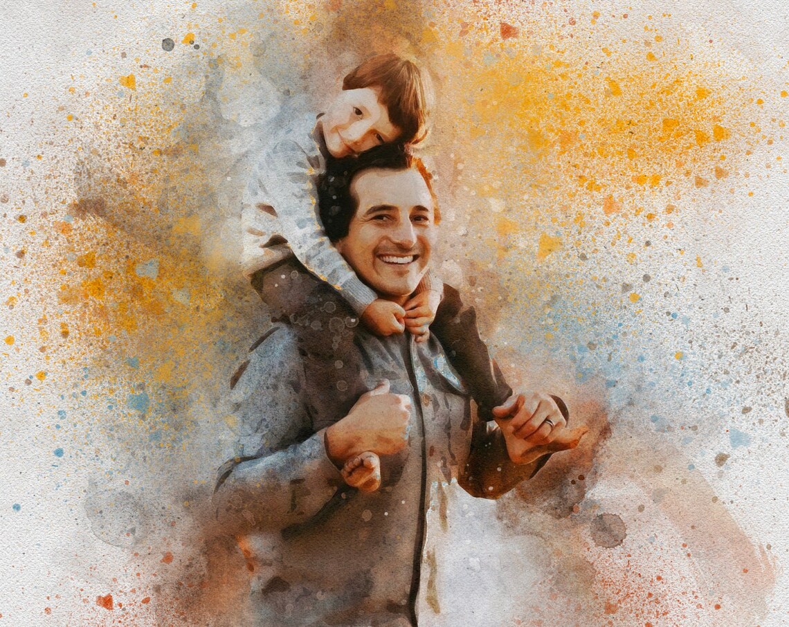 Custom Watercolor Happy Dad Child On Shoulders Golden Portrait Poster