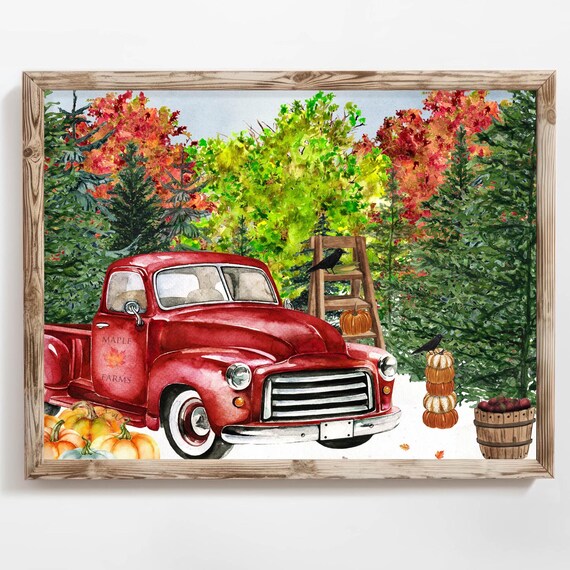Maple Farms Red Vintage Pickup Truck Pumpkin Harvest Watercolor Poster