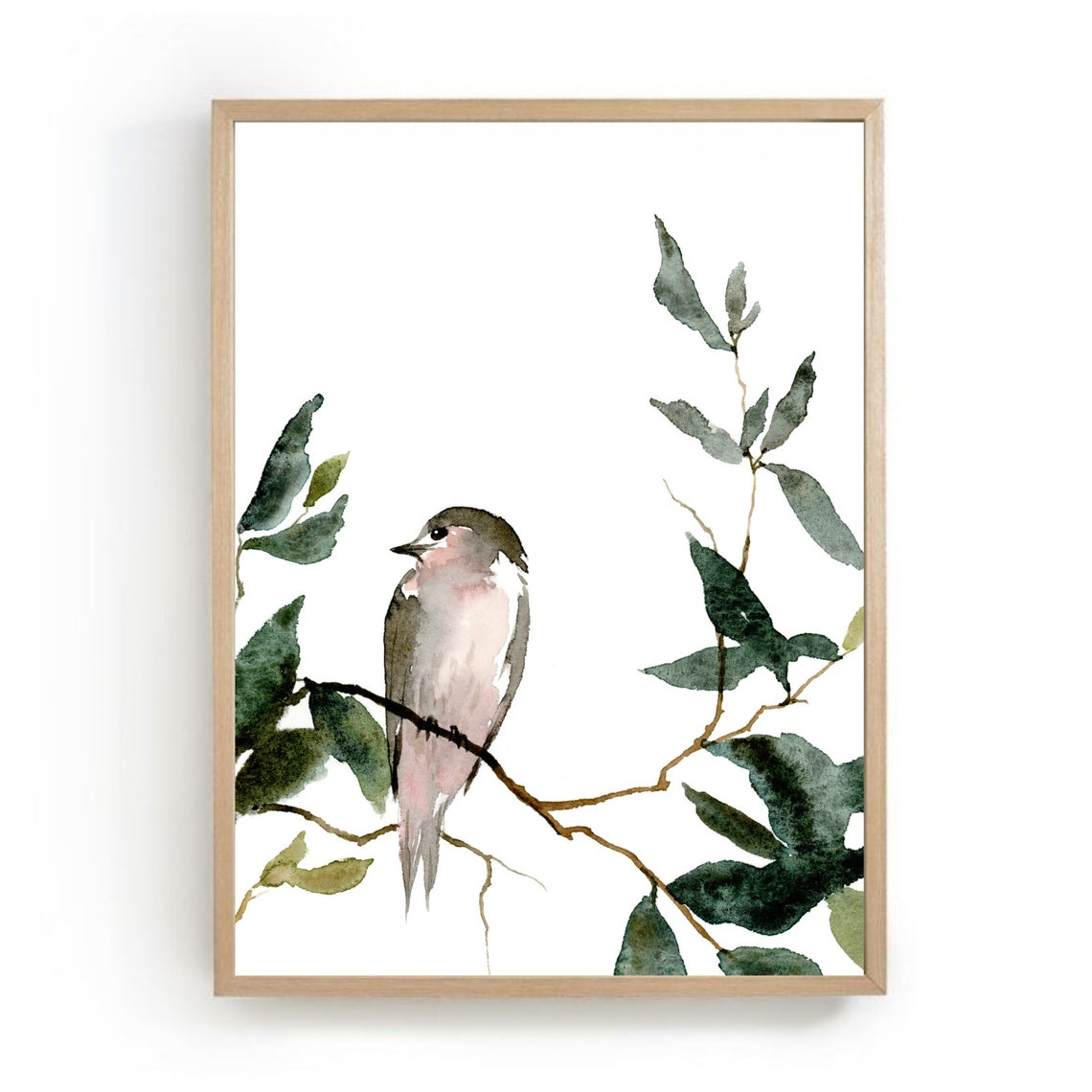 Swallow Bird Watercolor Poster Minimalist Branch Botanical Green Decor