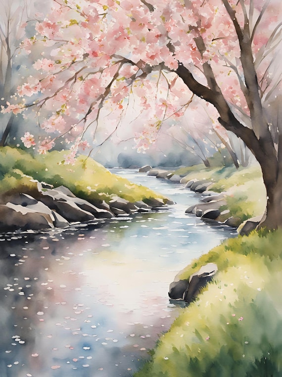 Cherry Blossom River Stream Watercolor Spring Painting Poster