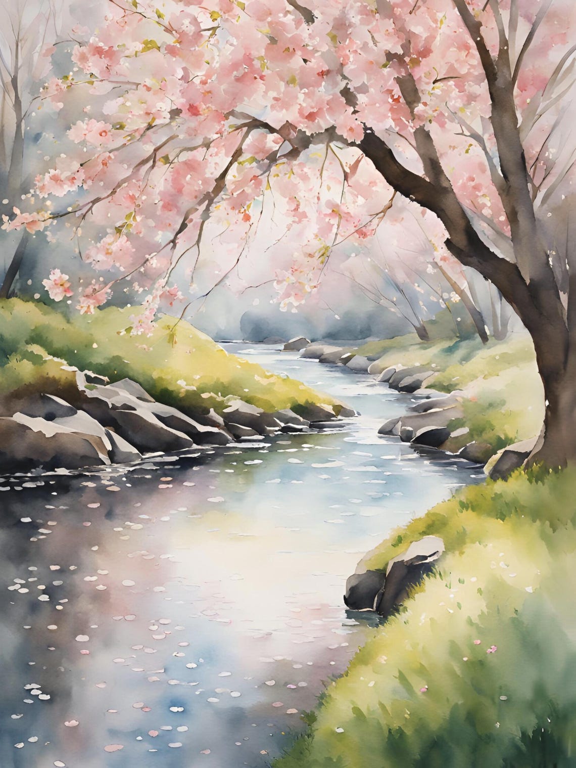 Cherry Blossom River Stream Watercolor Spring Painting Poster
