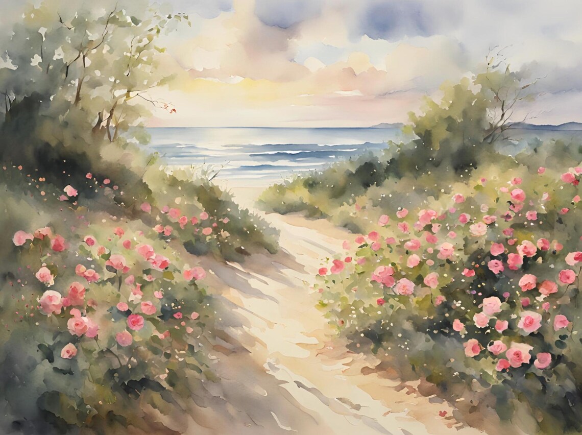 Cape Cod Wild Rose Beach Watercolor Art Print