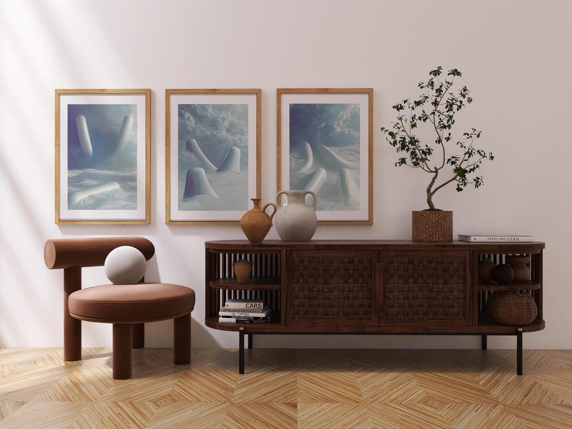 Set Of 3 Blue Surreal Abstract Modern Gallery Wall Decor Art Print