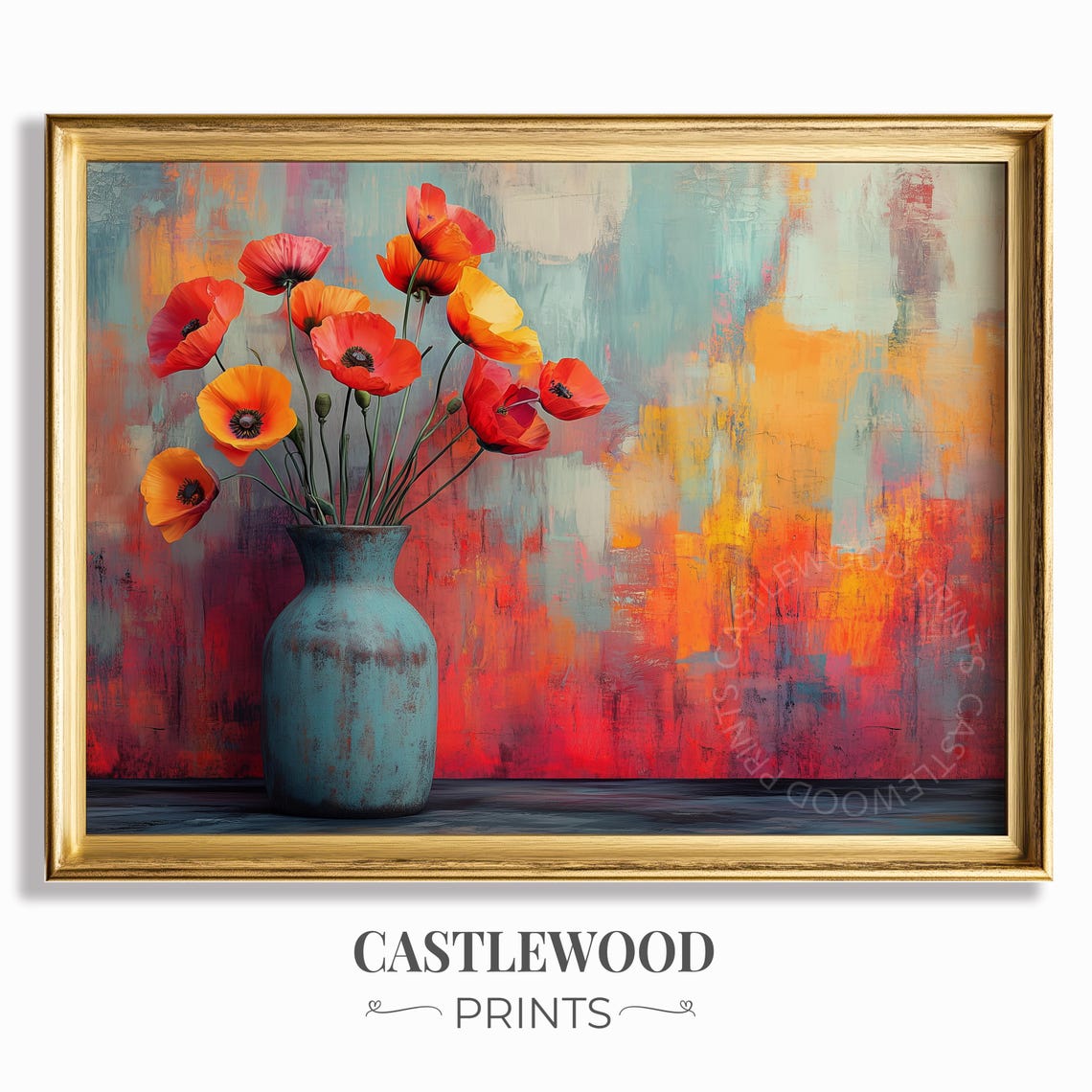 Red Poppies In Rustic Blue Vase On Fiery Abstract Background Poster