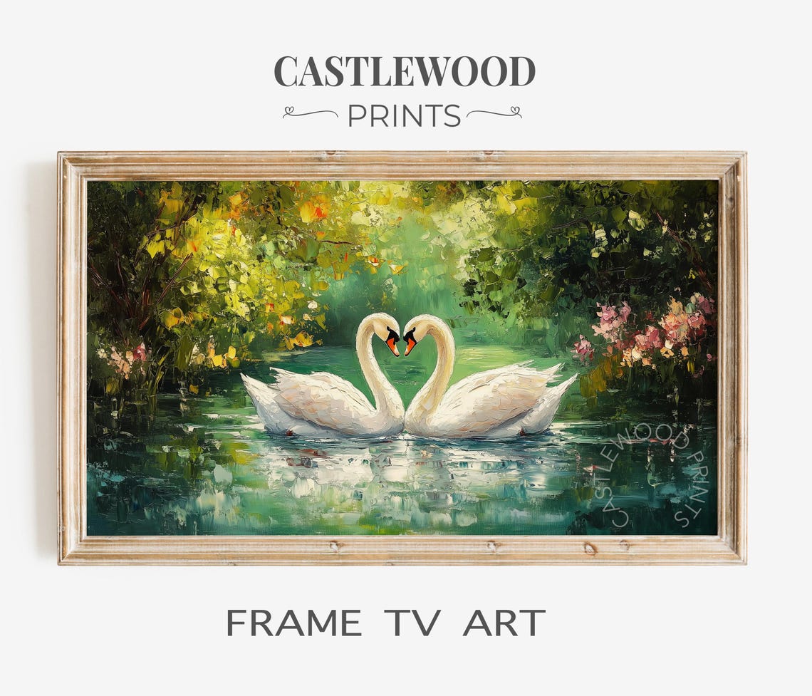 White Swans Heart Shape Romantic Impressionist Lake Scene Poster