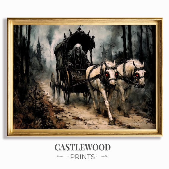 Gothic Carriage Scene With Grim Reaper Dark Vintage Spooky Halloween Wall Art Haunted Forest Decor Rustic Moody Print 1096