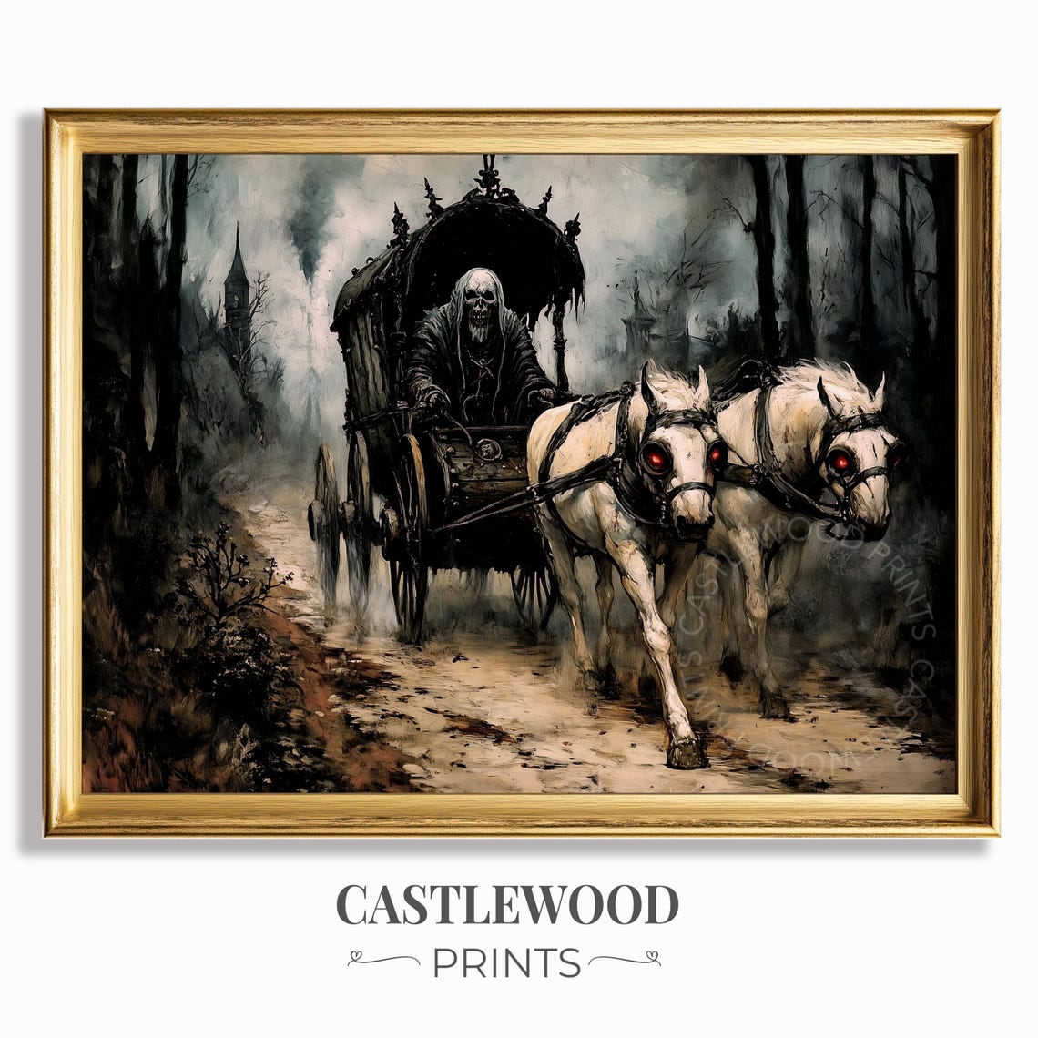 Gothic Carriage Scene With Grim Reaper Dark Vintage Spooky Halloween Wall Art Haunted Forest Decor Rustic Moody Print 1096