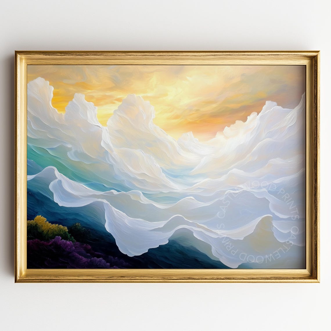 Majestic Mountain Sunrise White Clouds Serene Peaks Sky Poster