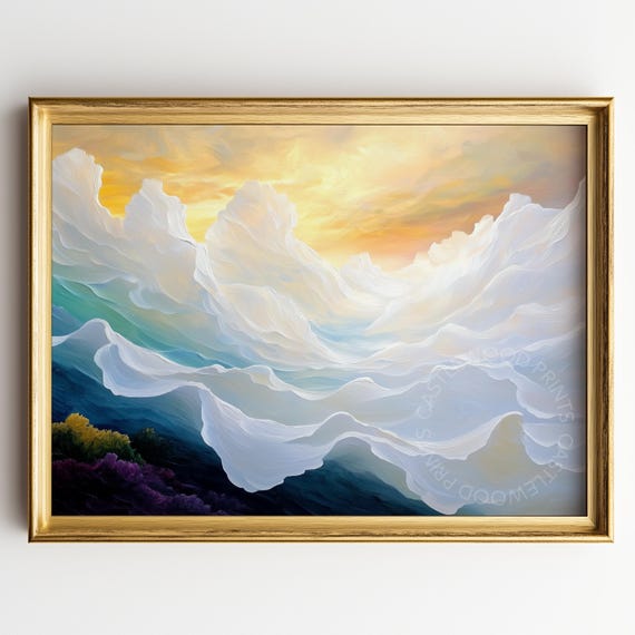 Majestic Mountain Sunrise Serene Cloudscape Wall Art Tranquil Nature Scene Dreamy Landscape Painting Decor 488