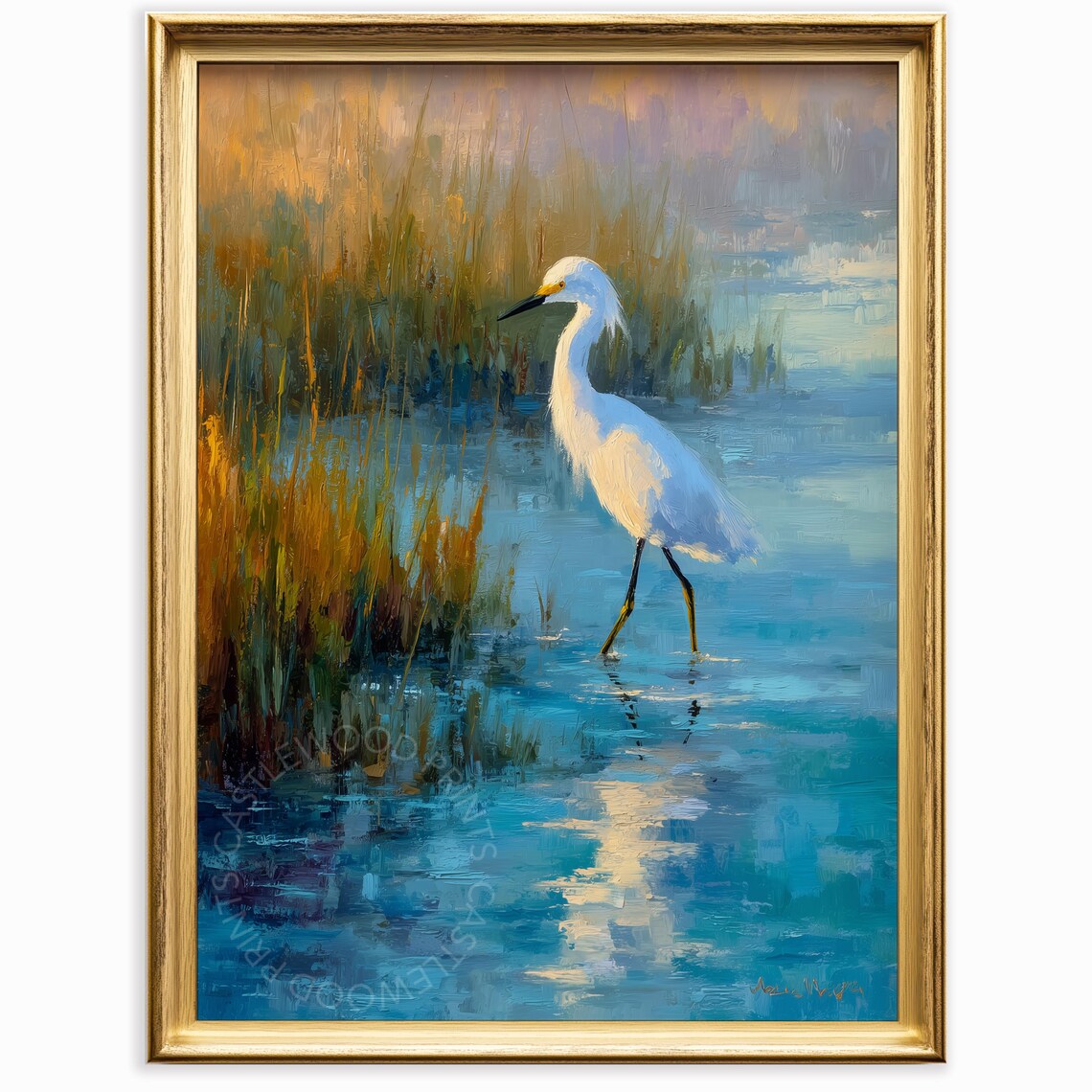Snowy Egret Wading in Blue Marsh with Golden Reeds Oil Painting Poster