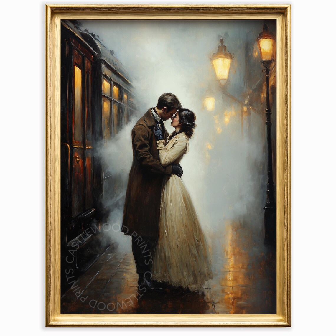 Victorian Sweethearts Reunion in a Foggy Train Station Vintage Poster