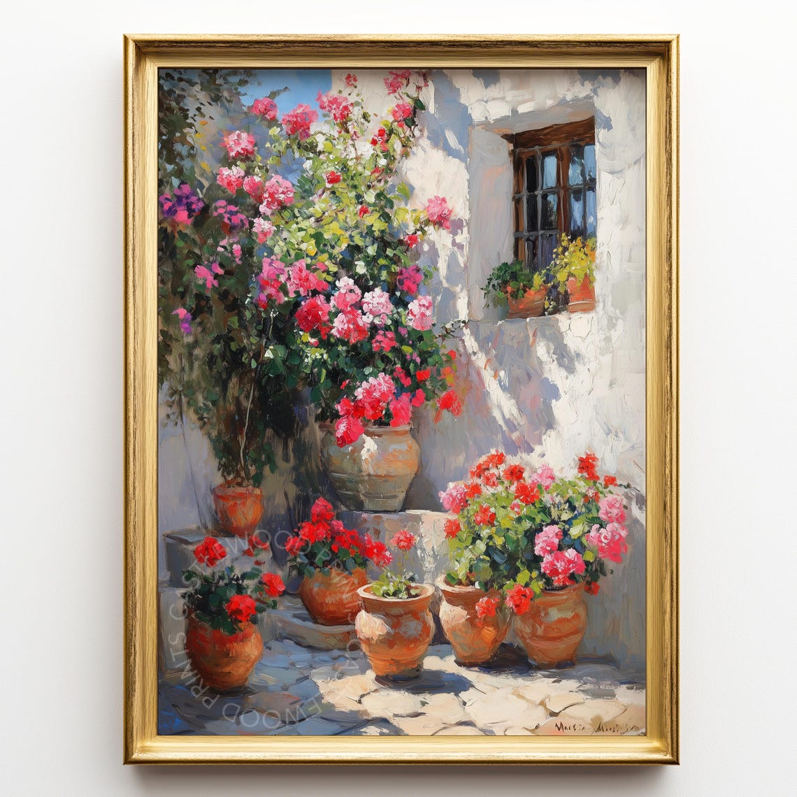 Sunlit Andalusian Courtyard Geraniums Oil Painting Art Poster