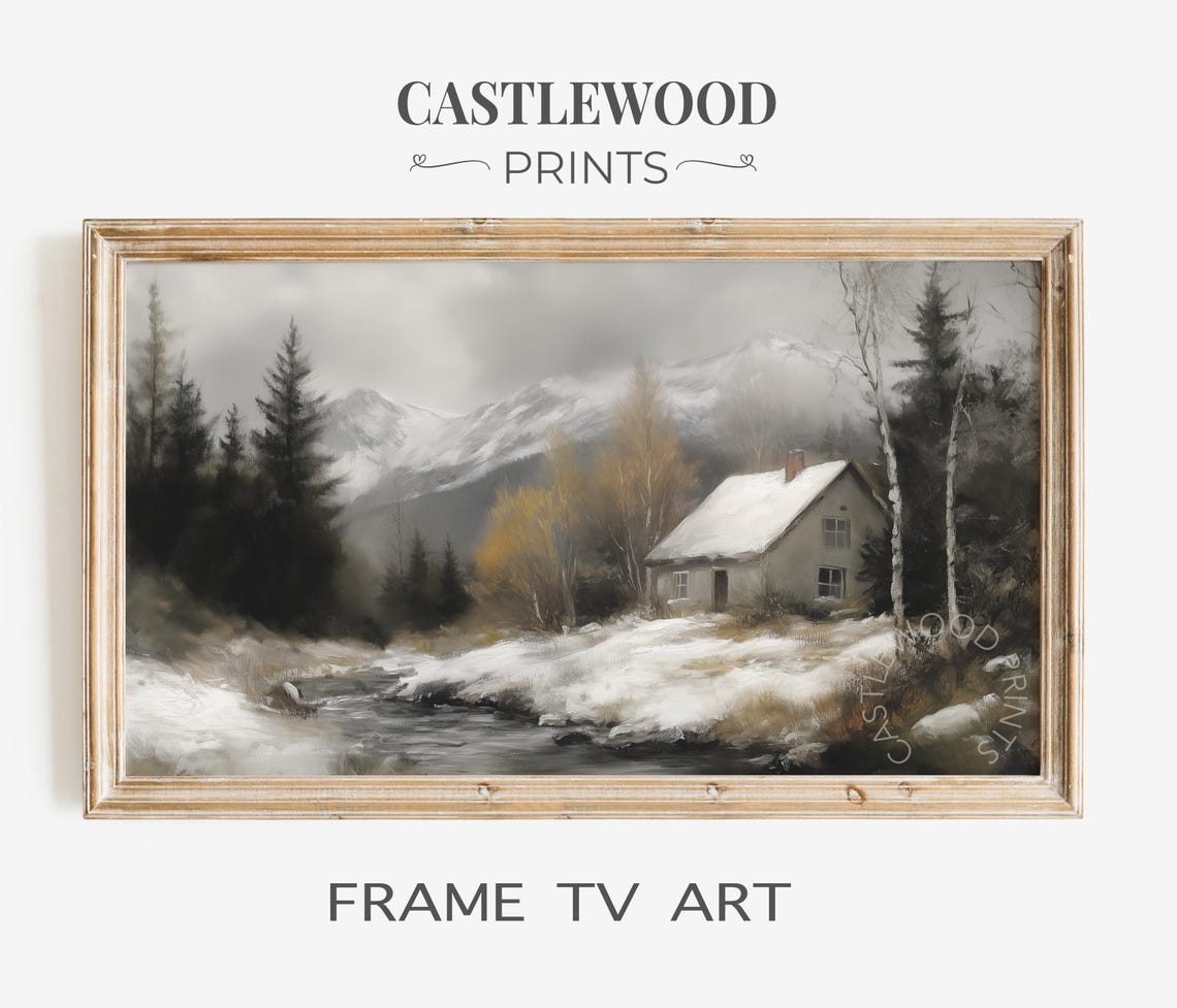 Snowy Mountain Cabin Winter Landscape Painting Frame TV Wall Art