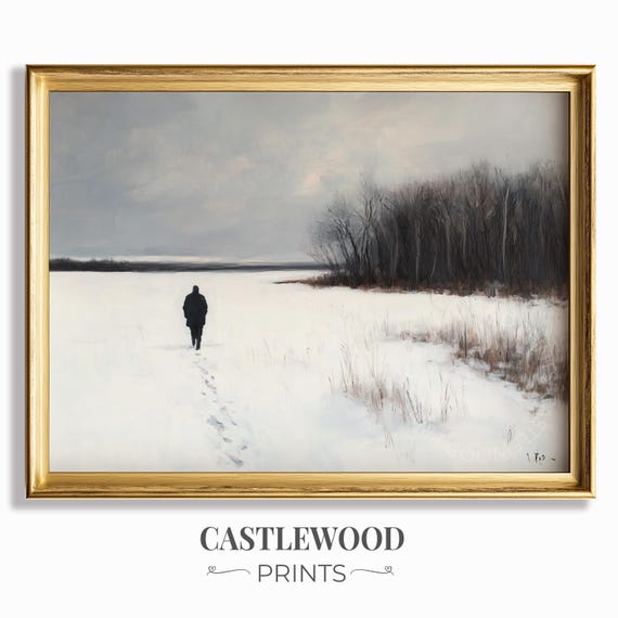 Winter Landscape With Lone Figure Rustic Art Moody Snowy Scene Walking In Snow Vintage Wall Decor 678