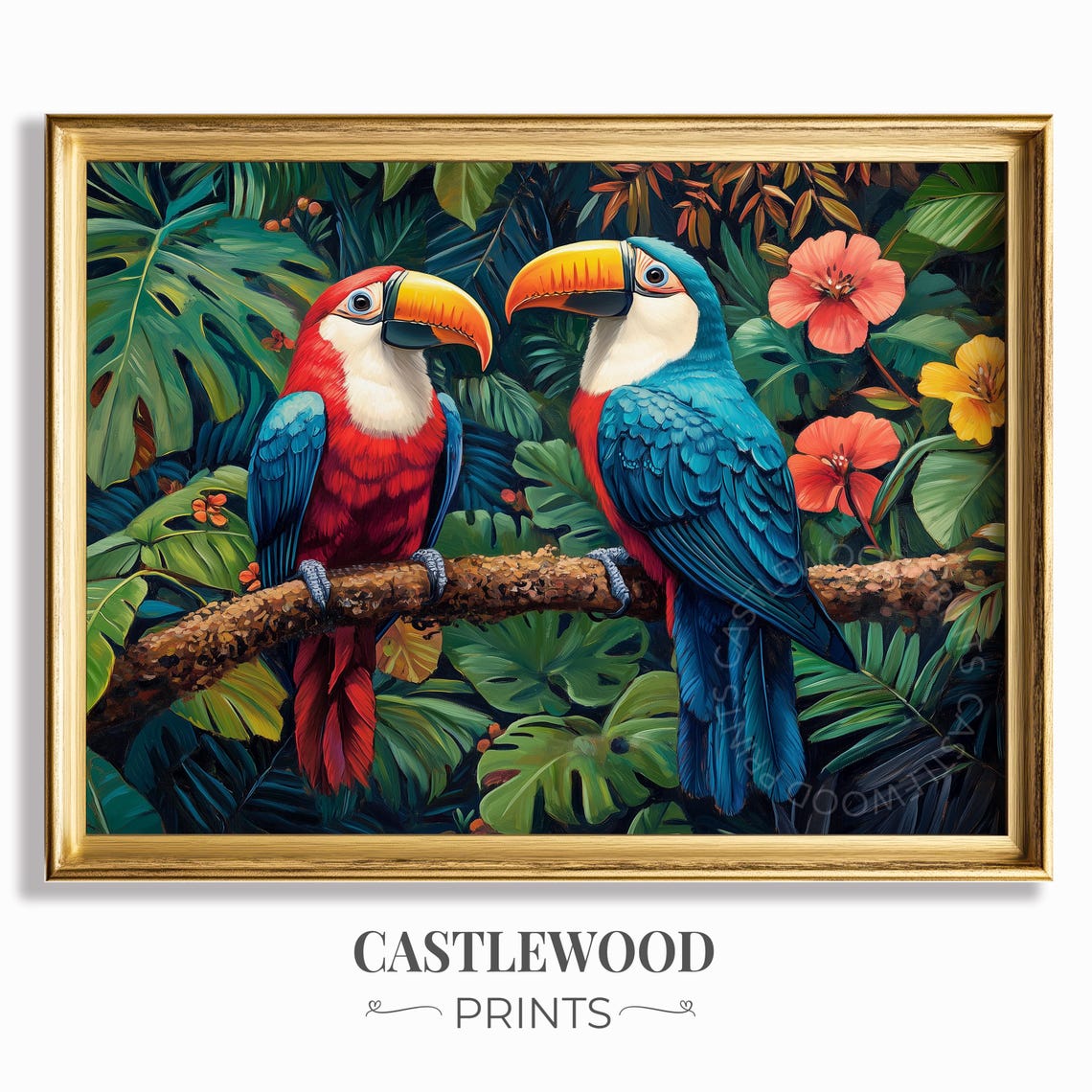 Vibrant Red And Blue Toucans Perched In A Lush Tropical Jungle Poster