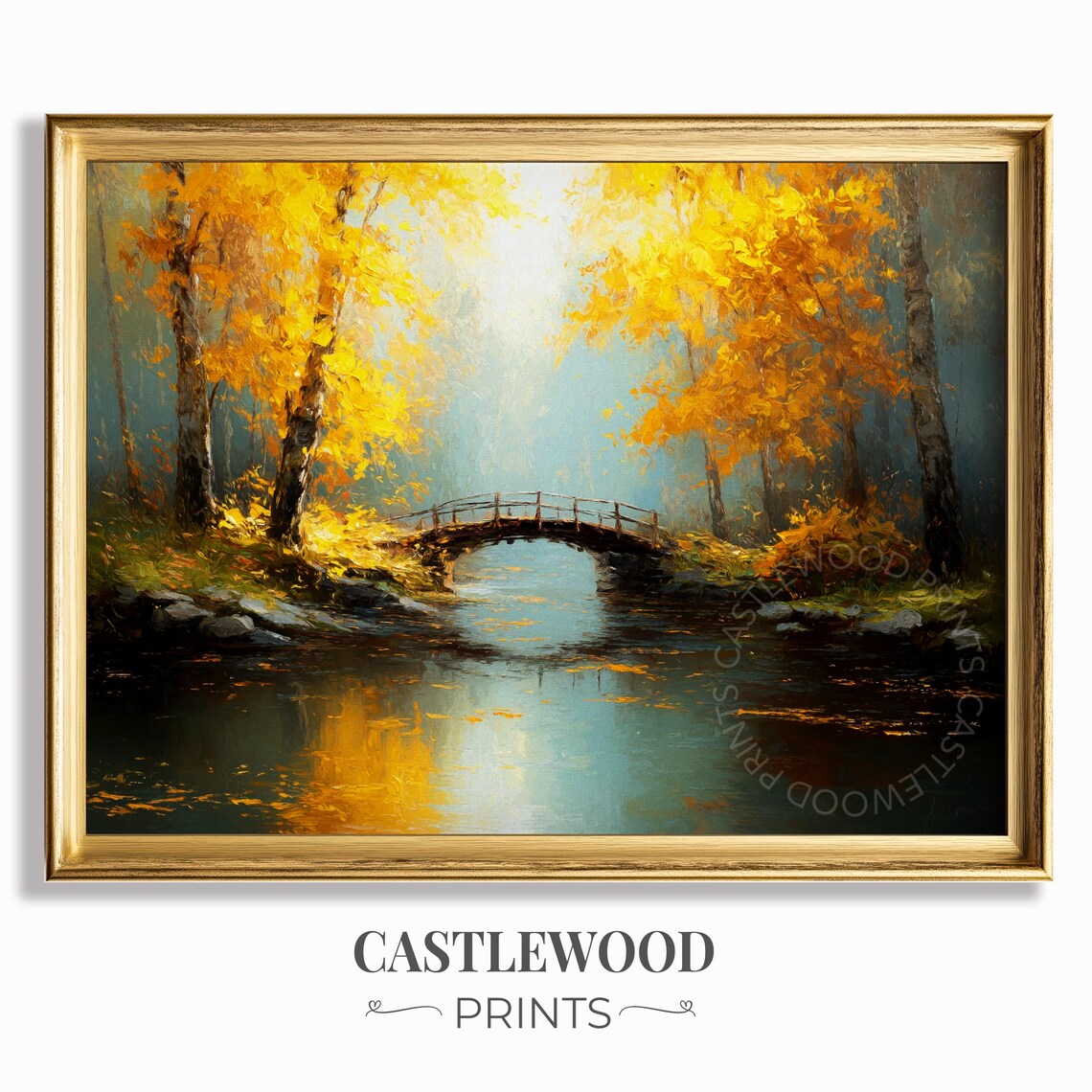 Golden Autumn Bridge River Poster Glowing Birch Trees Misty Woodland Scene