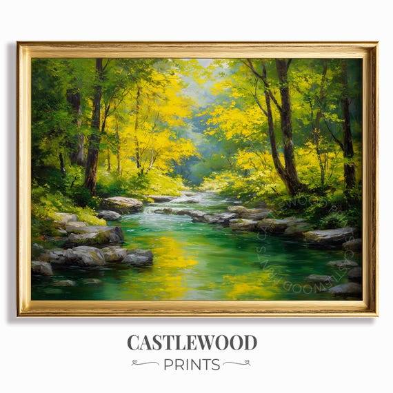 Tranquil Forest Stream Painting Summer Nature Wall Art Green Landscape Decor Peaceful River Scene 174